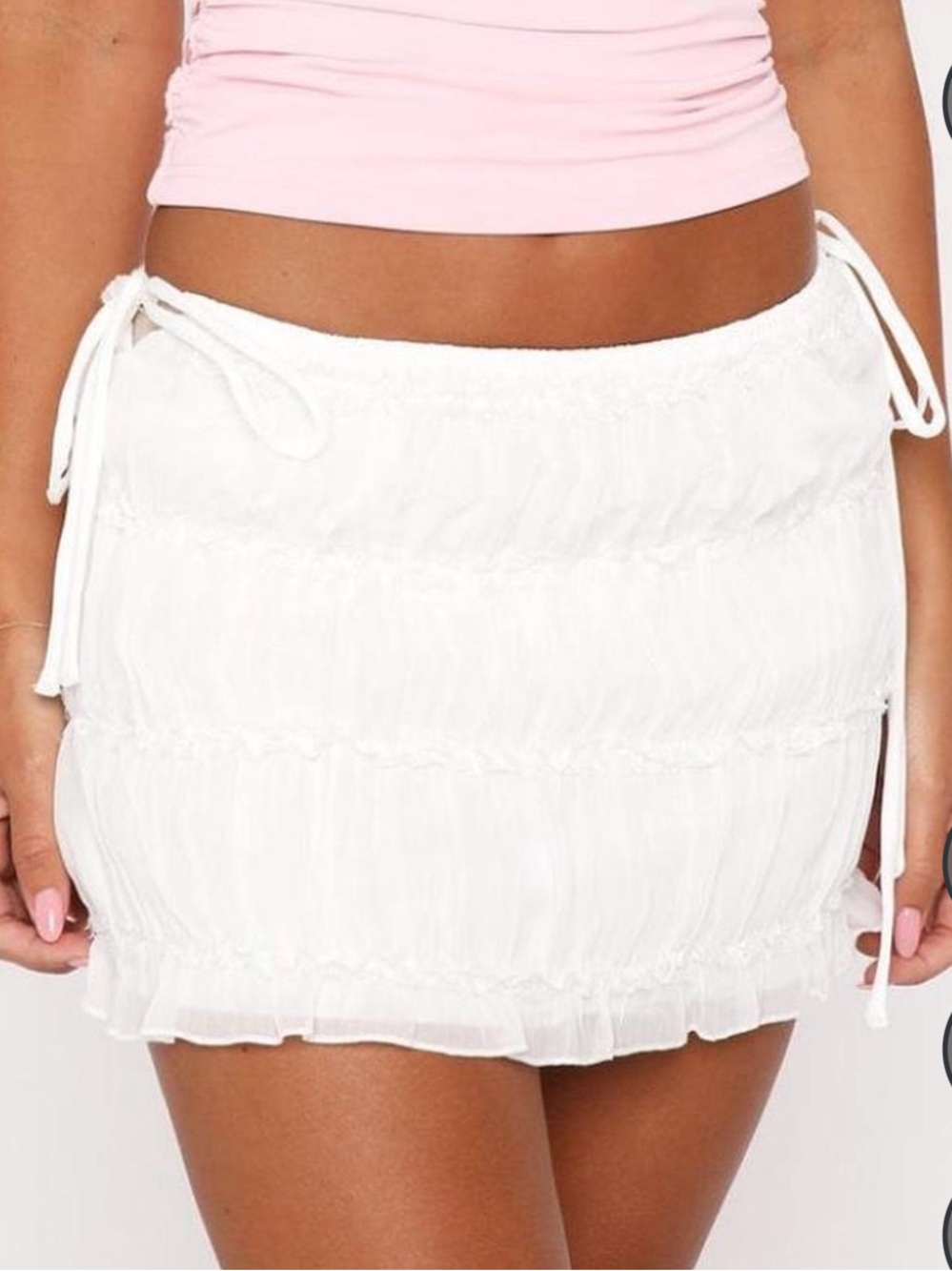 White Fox Boutique White Ruffle Tie-Side Mini Skirt